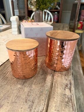 Uncommon James Copper Hammered Canister Set with Wood Lids